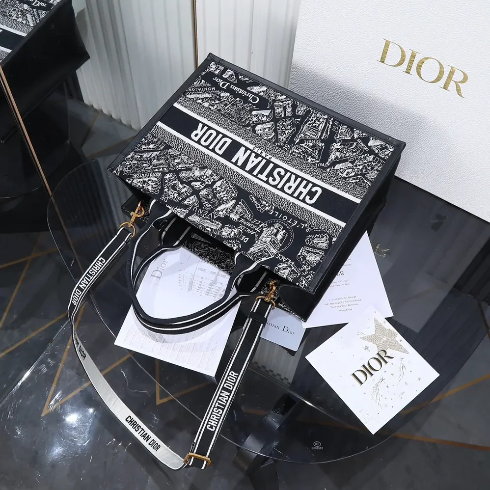 Dior Medium Dior Book Tote Black and White Plan de Paris Embroidery with Black Calfskin for Women Dior Medium Dior Book Tote Black and White Plan de Paris Embroidery with Black Calfskin for Women