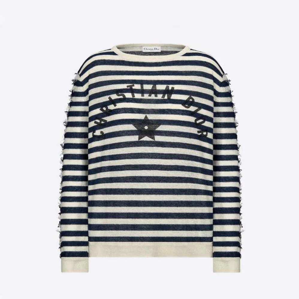 Dior Marinière Sweater Navy Blue and White Linen Cashmere and Silk Knit with Signature for Women Dior Marinière Sweater Navy Blue and White Linen Cashmere and Silk Knit with Signature for Women
