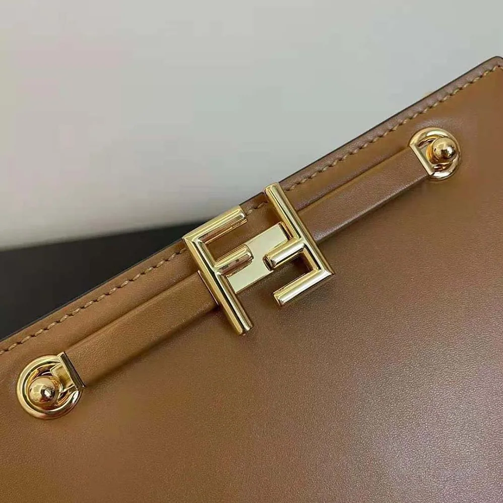 Fendi Touch Leather Bag with A Metal FF Clasp for Women in Brown