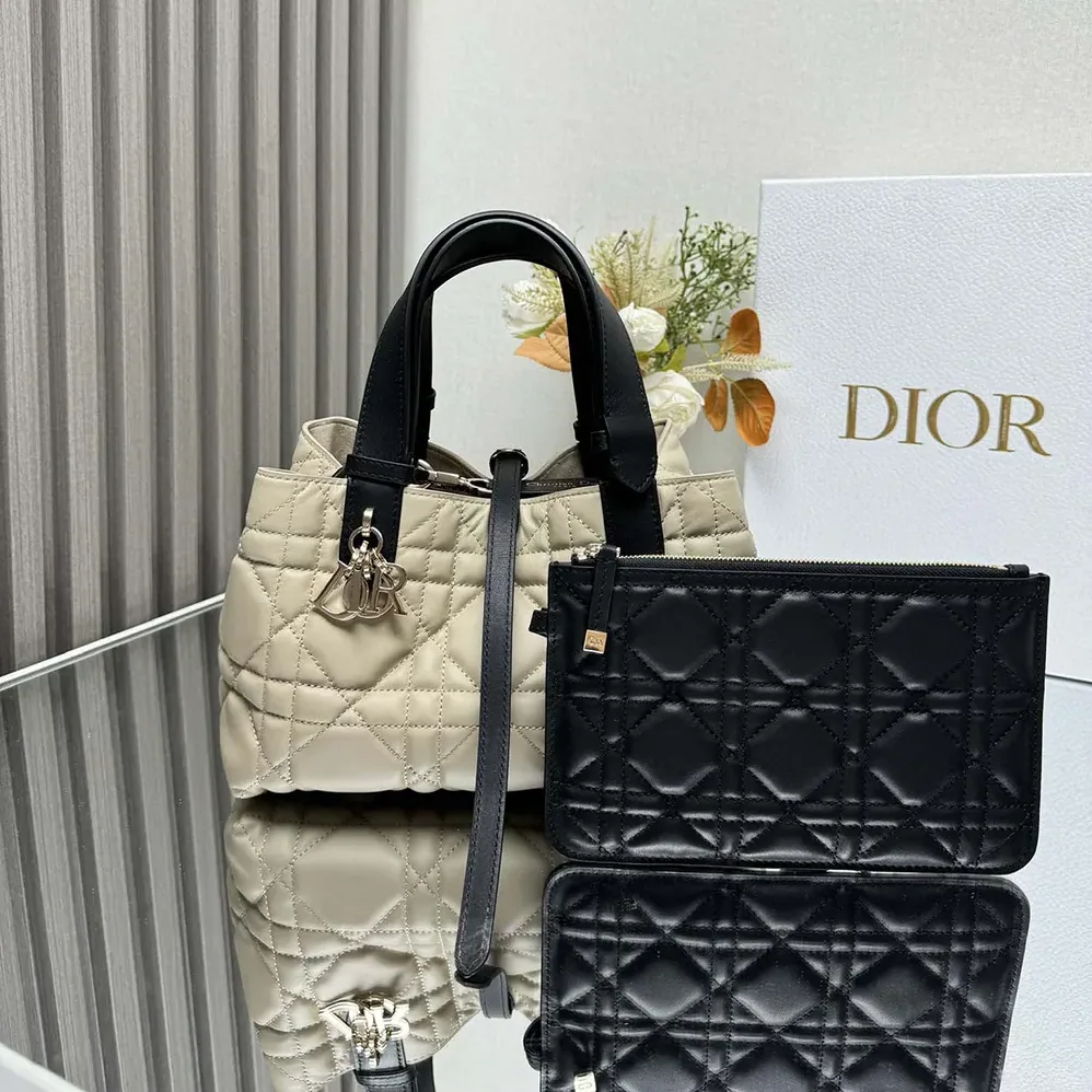 Dior Small Dior Toujours Bag Rope Beige and Black Macrocannage Calfskin for Women