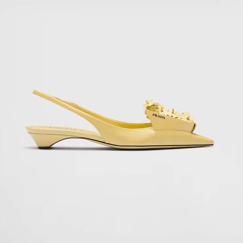 Prada Brushed Leather Slingback Pumps with Floral Appliques for Women in Yellow