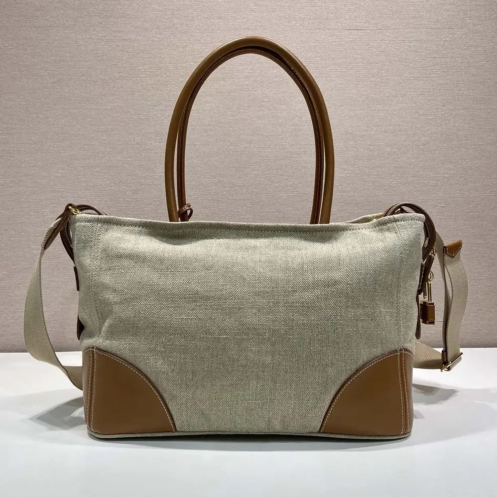 Prada Large Linen And Leather Tote Bag for Women in Rope/Natural Prada Large Linen And Leather Tote Bag for Women in Rope/Natural