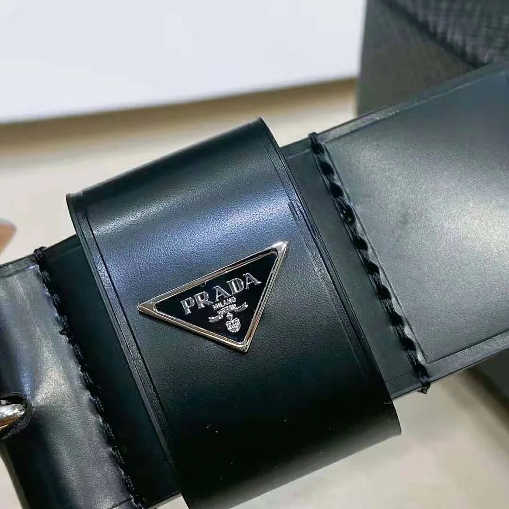Prada Brushed Leather Belt with Enameled Metal Triangle Logo for Women