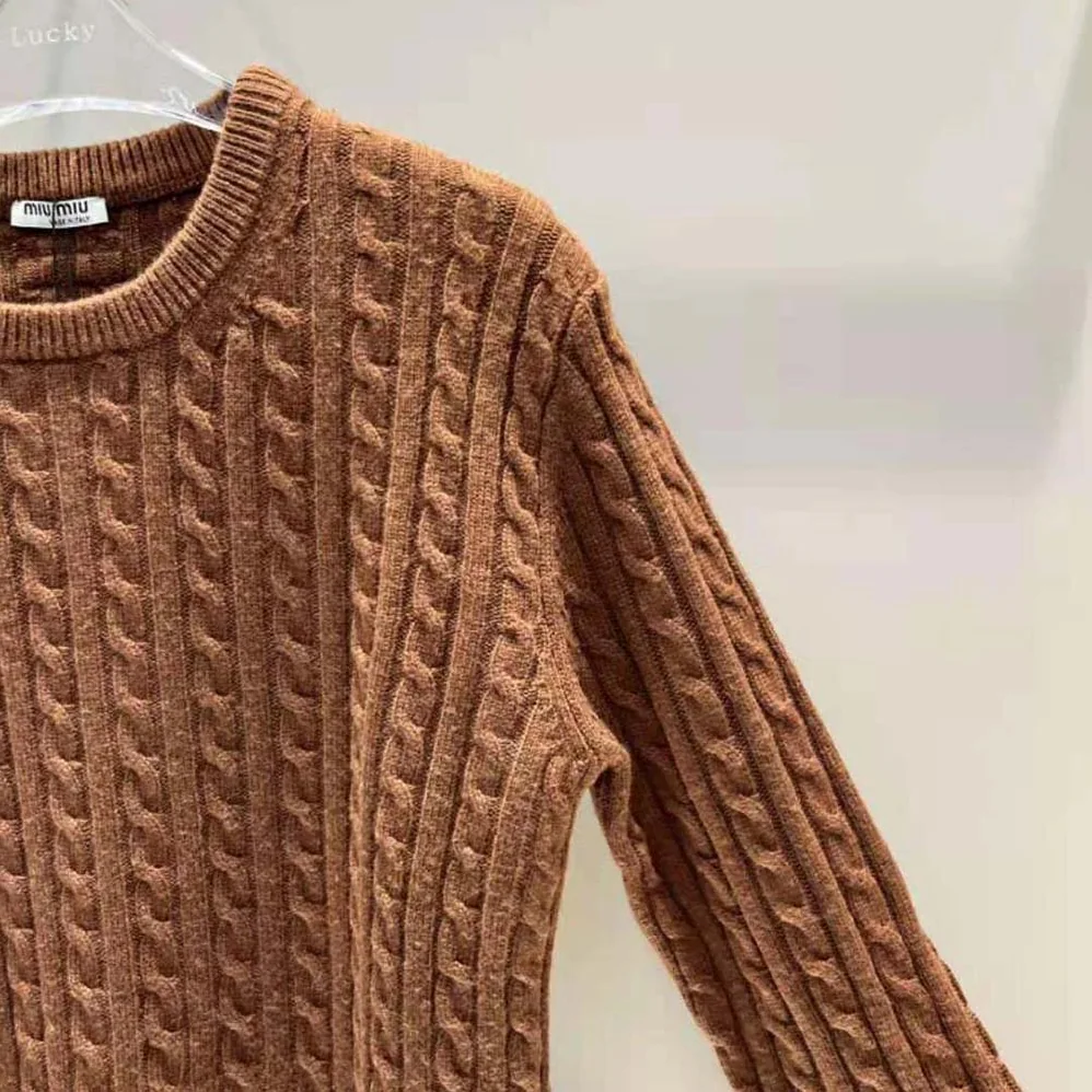 Miu Miu Cashmere Sweater with Knit Logo Patch for Women in Brown Miu Miu Cashmere Sweater with Knit Logo Patch for Women in Brown