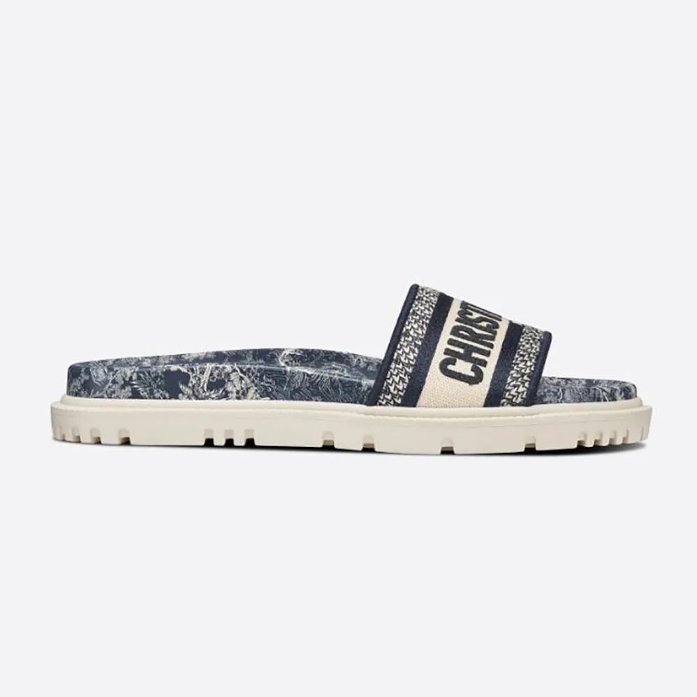 Dior Dway Slide Deep Blue Toile de Jouy Reverse Embroidered Cotton for Women