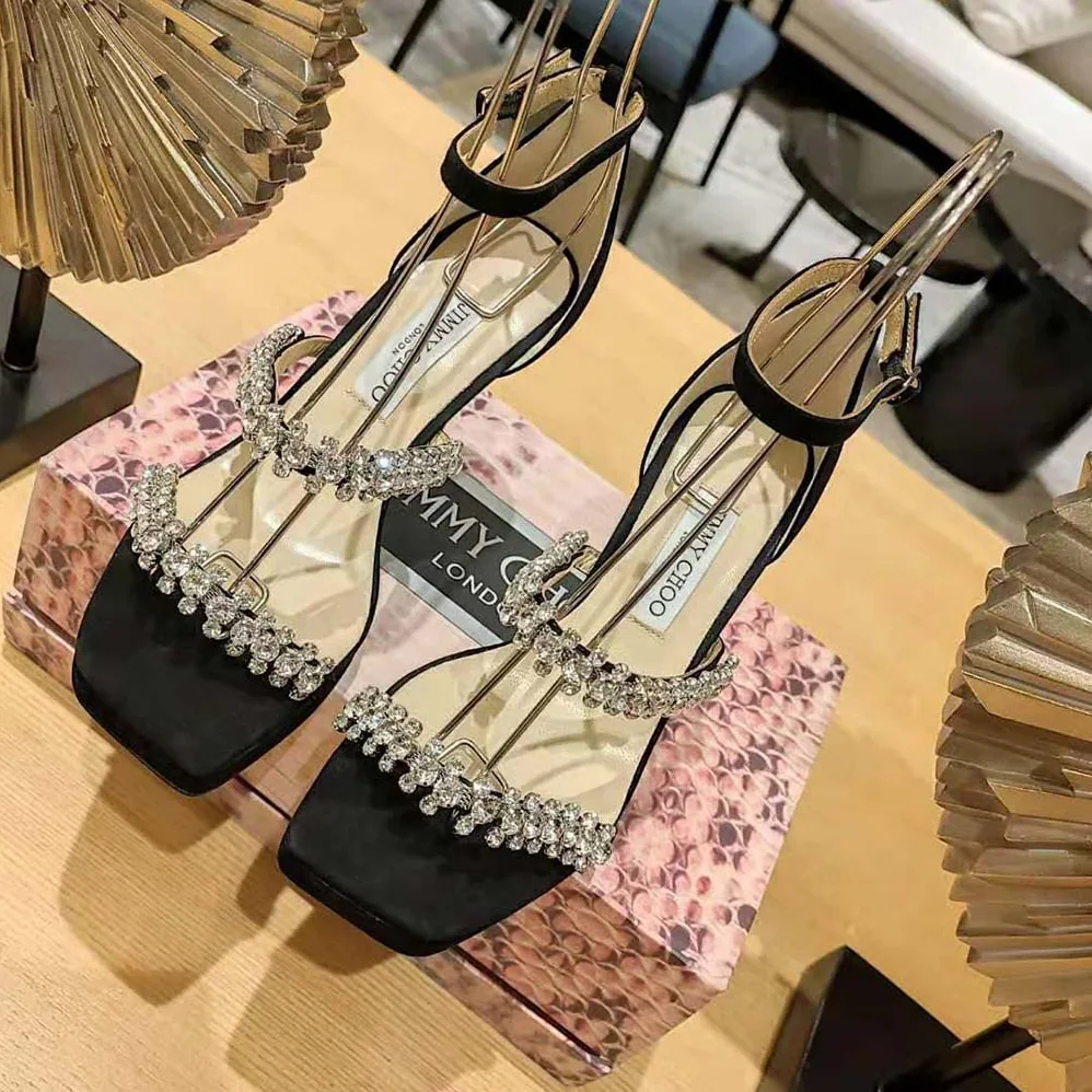 Jimmy Choo Bing Sandal 105 Black Suede Sandals with Crystal Straps for Women Jimmy Choo Bing Sandal 105 Black Suede Sandals with Crystal Straps for Women