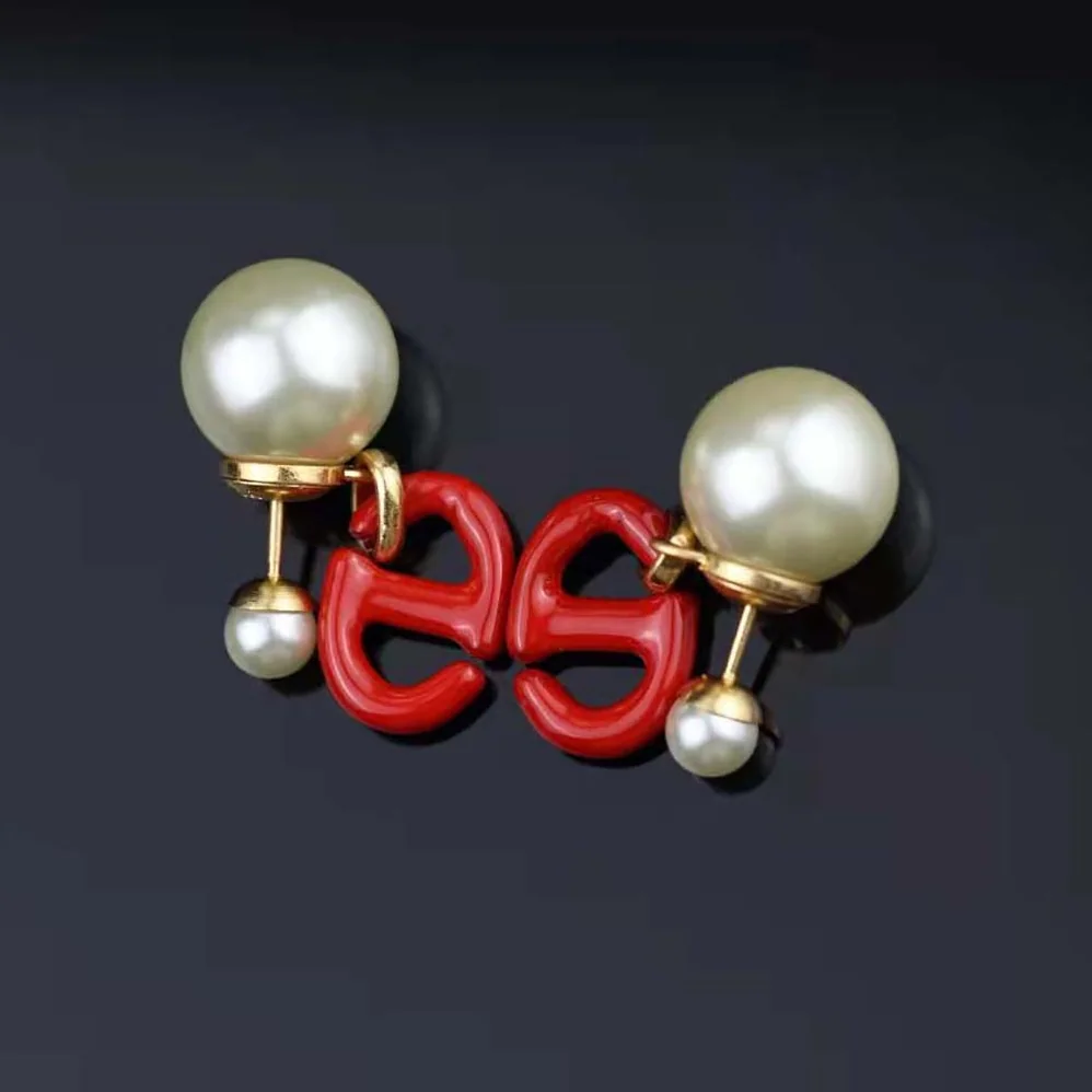 Dior Tribales Earrings Gold-Finish Metal and White Resin Pearls with Raspberry Lacquer for Women