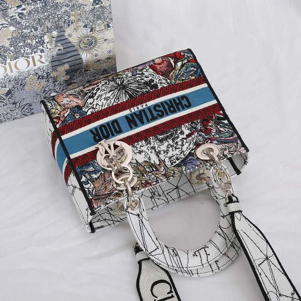 Dior Medium Lady D-lite Bag Latte Multicolor Dior Constellation Embroidery for Women in White