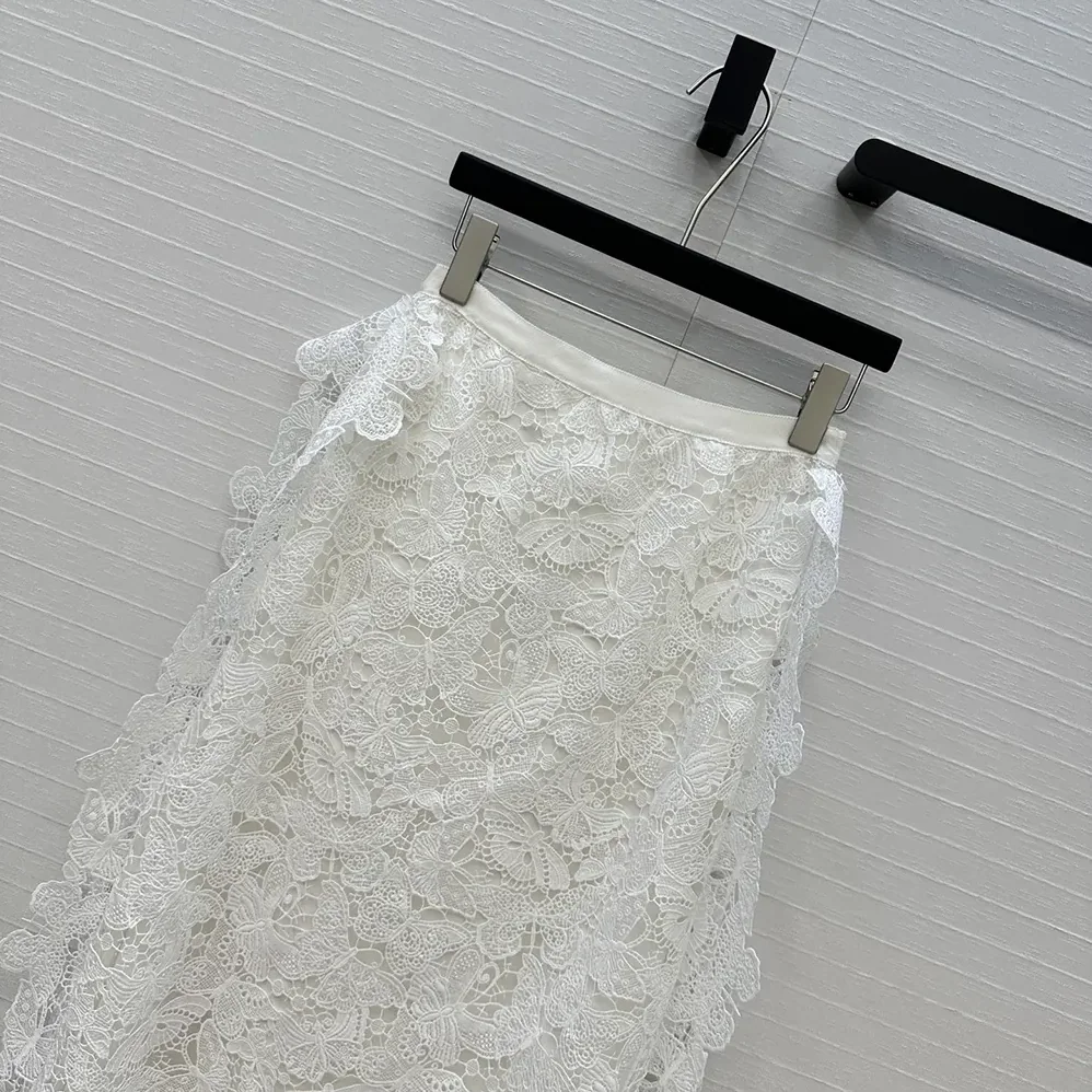 Dior Mid-Length Skirt Ecru Cotton-Blend Lace with Allover Butterfly Motif for Women