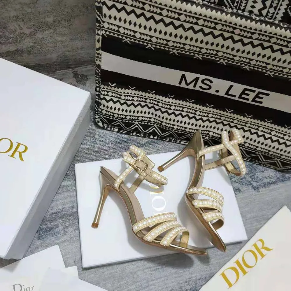 Dior Gem Heeled Sandal Cotton Embroidered with Gold-Tone Metallic Thread and White Beads and Strass for Women Dior Gem Heeled Sandal Cotton Embroidered with Gold-Tone Metallic Thread and White Beads and Strass for Women