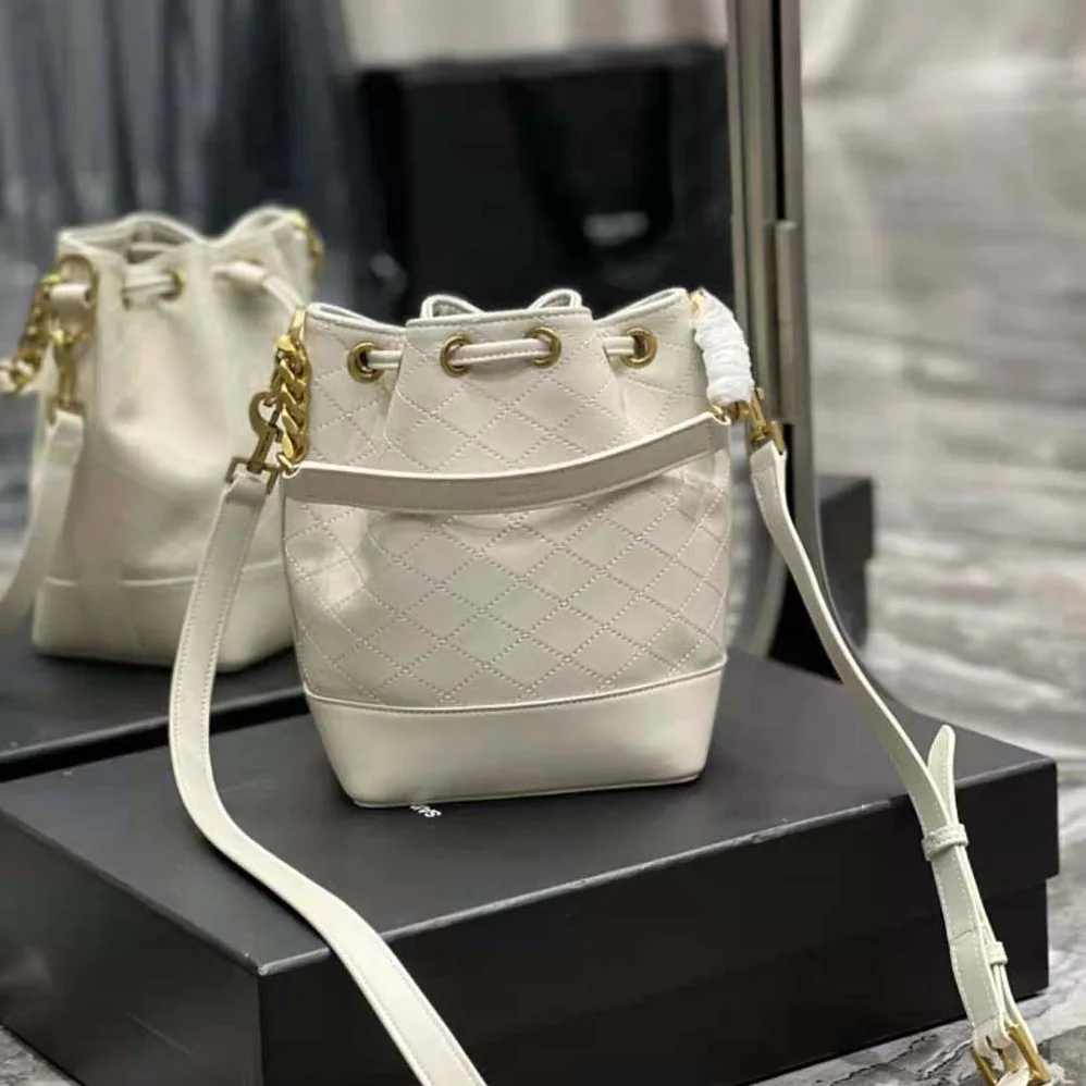 Saint Laurent YSL Emmanuelle Small Bucket Bag in Quilted Lambskin for Women in White Saint Laurent YSL Emmanuelle Small Bucket Bag in Quilted Lambskin for Women in White