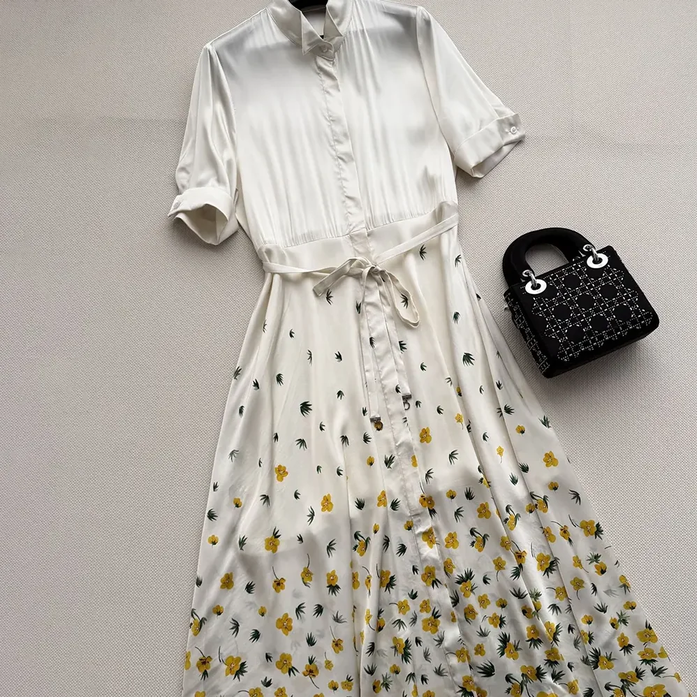 Dior Mid-Length Flared Shirtdress White Cotton Poplin with Yellow and Green Dior Buttercup Motif for Women Dior Mid-Length Flared Shirtdress White Cotton Poplin with Yellow and Green Dior Buttercup Motif for Women
