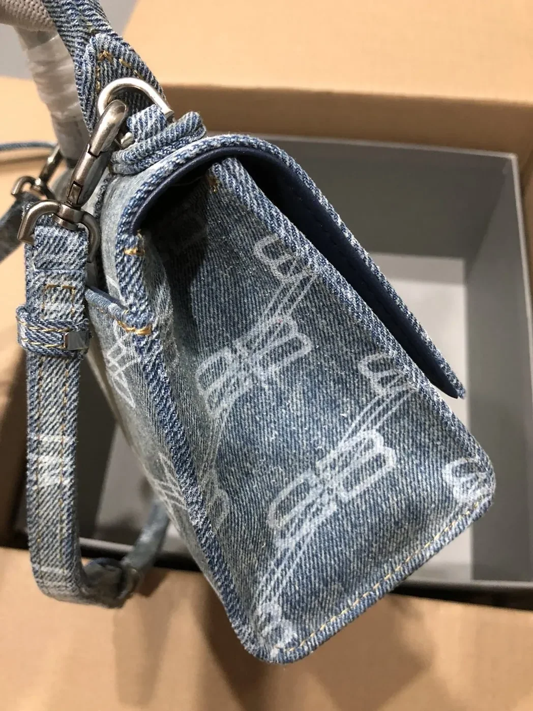 Balenciaga Hourglass XS Handbag Bb Monogram Bleached Denim In Blue /
