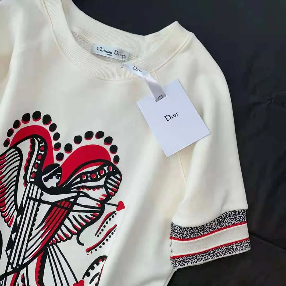 Dior Short-Sleeved Sweatshirt White Cotton Jersey with Multicolor Cupidon Motif for Women