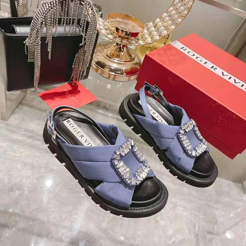 Roger Vivier Viv Winter Puffy Strass Buckle Sandals in Satin for Women in Navy Roger Vivier Viv Winter Puffy Strass Buckle Sandals in Satin for Women in Navy