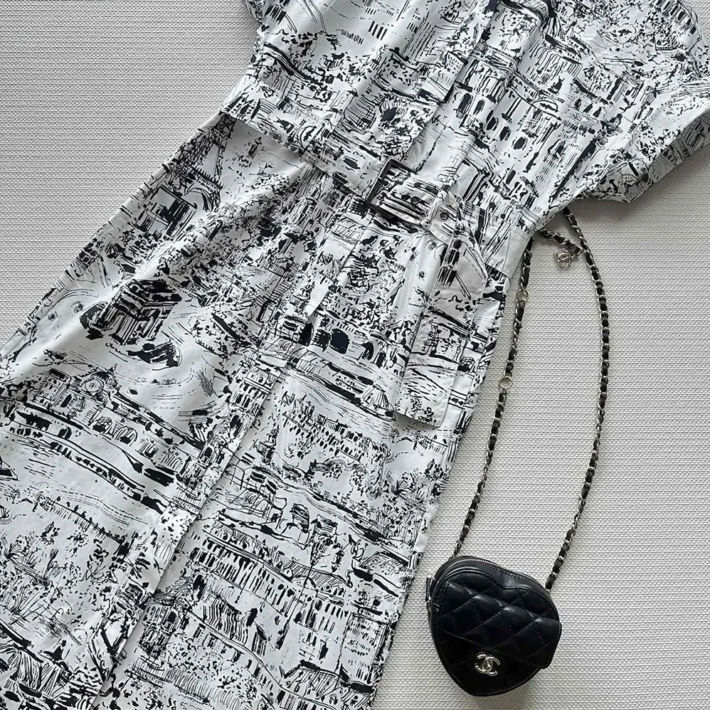 Dior Mid-Length Shirt Dress White and Black Cotton and Silk Poplin with Paris Allover Motif for Women Dior Mid-Length Shirt Dress White and Black Cotton and Silk Poplin with Paris Allover Motif for Women