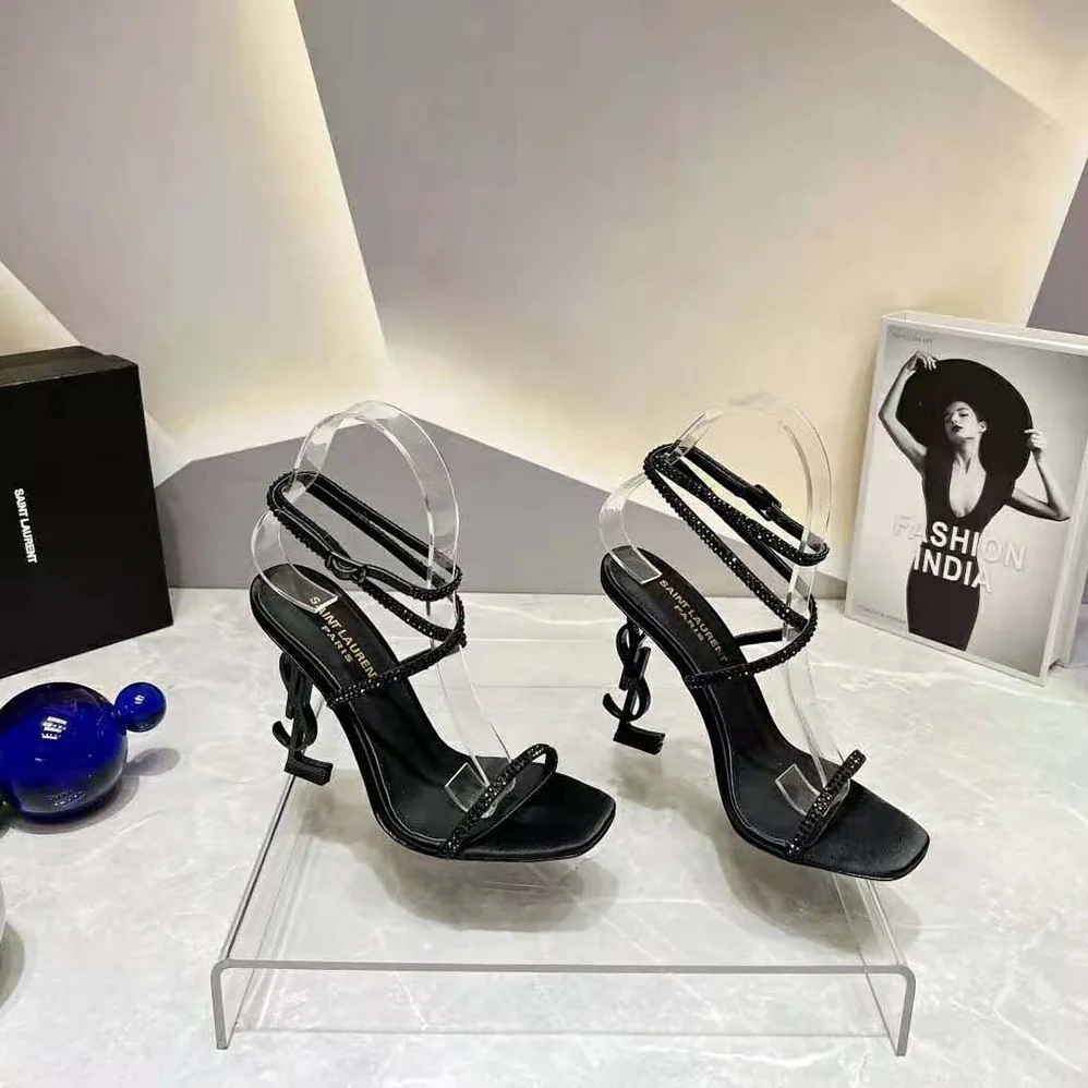 Saint Laurent YSL Opyum Sandals in Crepe Satin and Rhinestones for Women