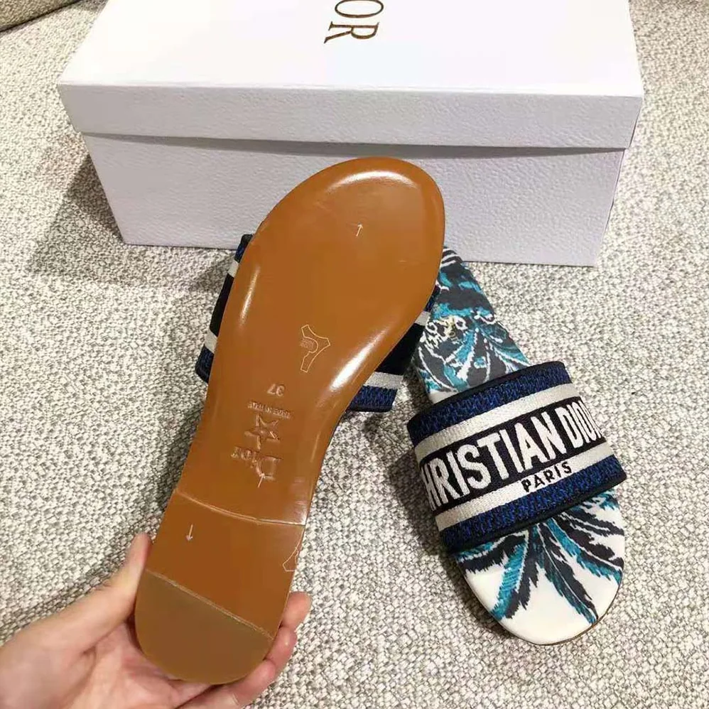 Dior Dway Slide Indigo Blue Dior Palms Embroidered Cotton for Women Dior Dway Slide Indigo Blue Dior Palms Embroidered Cotton for Women