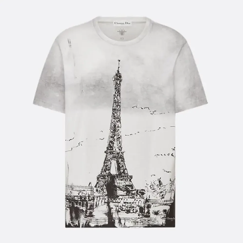 Dior T-Shirt Black and White Cotton and Linen Jersey with Paris Motif for Women Dior T-Shirt Black and White Cotton and Linen Jersey with Paris Motif for Women