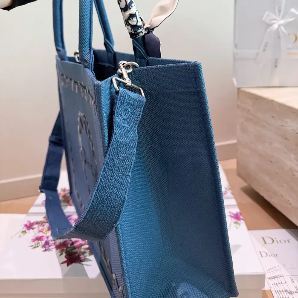 Dior Dioriviera Medium Dior Book Tote with Strap Blue-Greige Dior Painted Ribbon Embroidery for Women Dior Dioriviera Medium Dior Book Tote with Strap Blue-Greige Dior Painted Ribbon Embroidery for Women