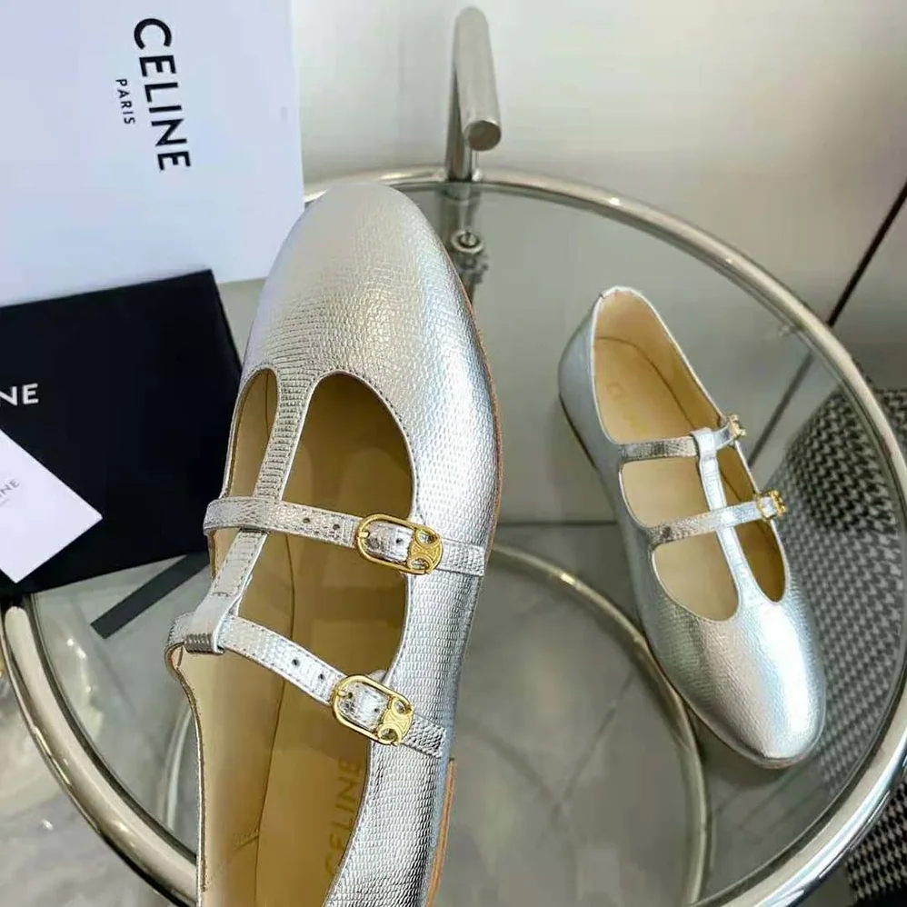 Celine Les Ballerines Celine Double Strap Mary Jane in Lizard Stamped Metalized Calfskin for Women Celine Les Ballerines Celine Double Strap Mary Jane in Lizard Stamped Metalized Calfskin for Women