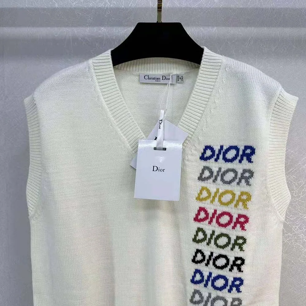 Dior Sleeveless Sweater Beige Wool and Cashmere Intarsia for Men