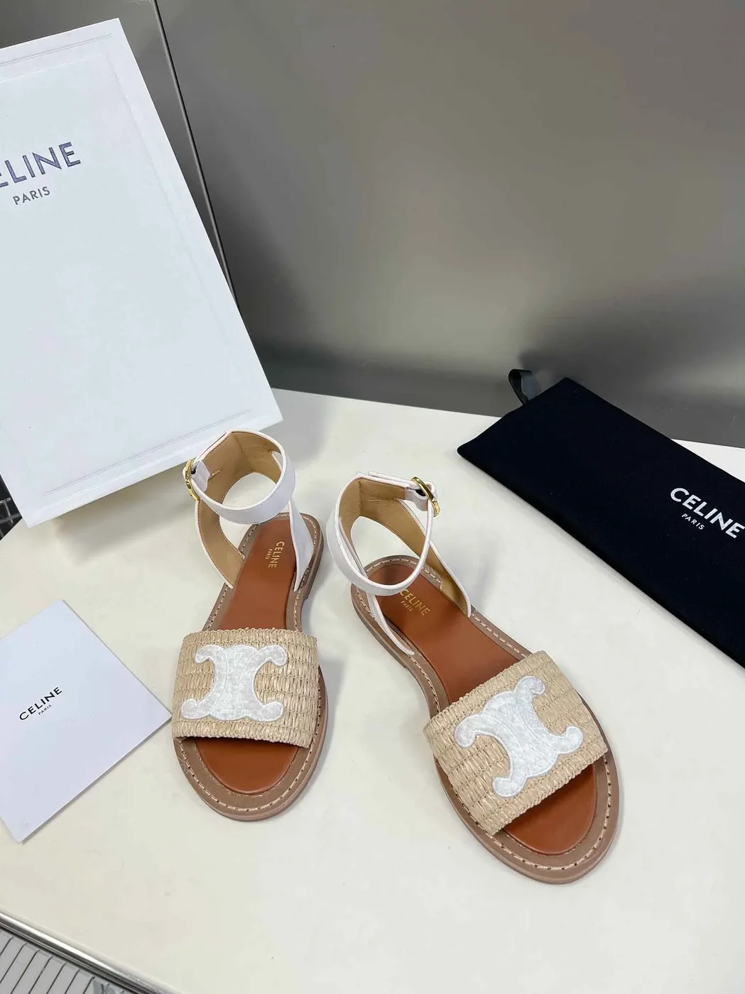 Celine Lympia Flat Strap Sandal In Raffia White .02GH