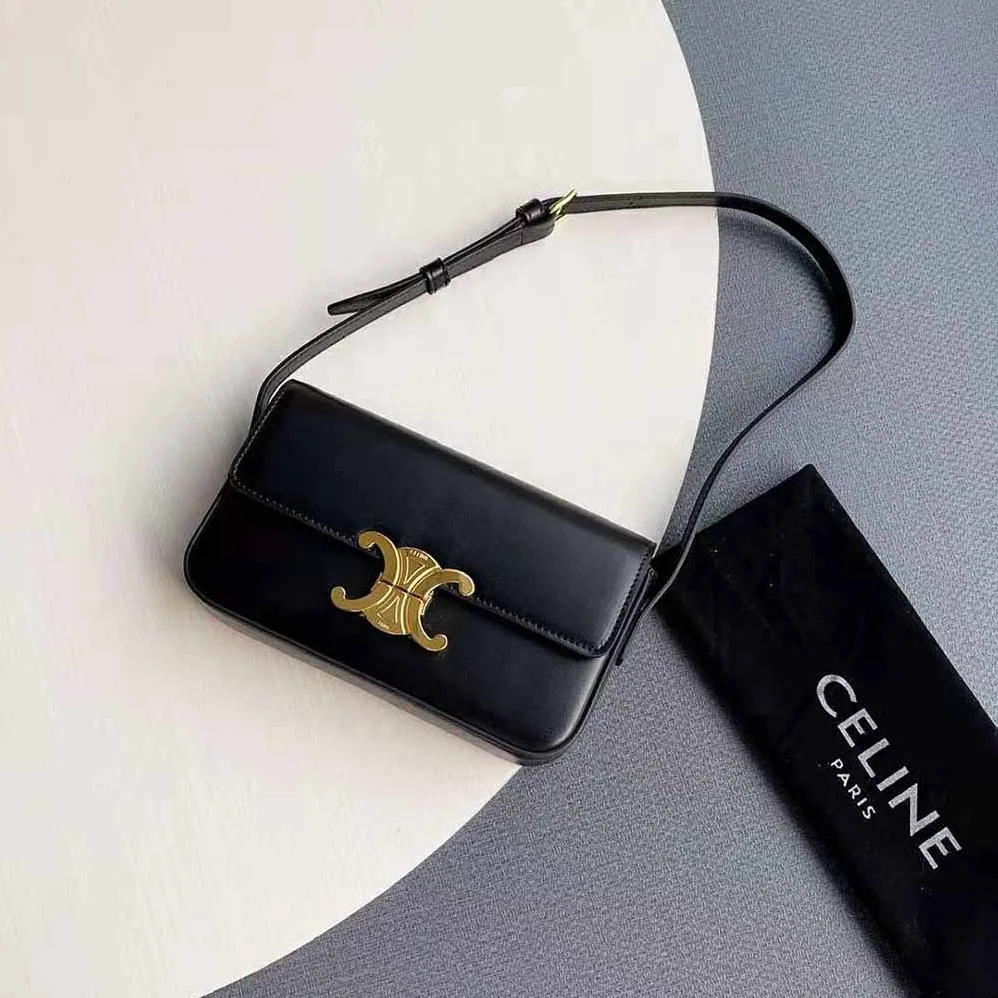 Celine Triomphe Shoulder Bag in Shiny Calfskin for Women in Black