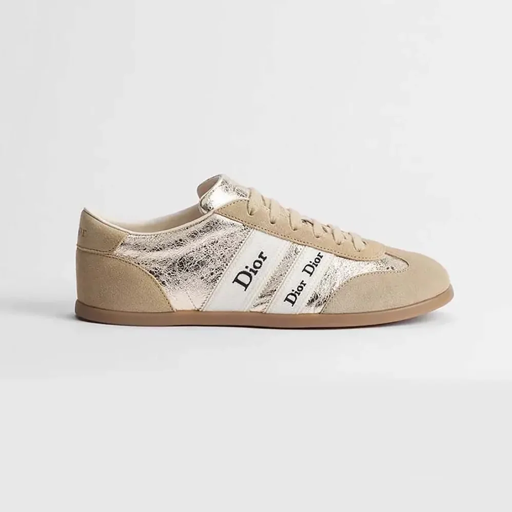Dior Ribbon Sneaker Beige Suede Calfskin and Gold for Women in Tone Crinkled Laminated Lambskin Dior Ribbon Sneaker Beige Suede Calfskin and Gold for Women in Tone Crinkled Laminated Lambskin