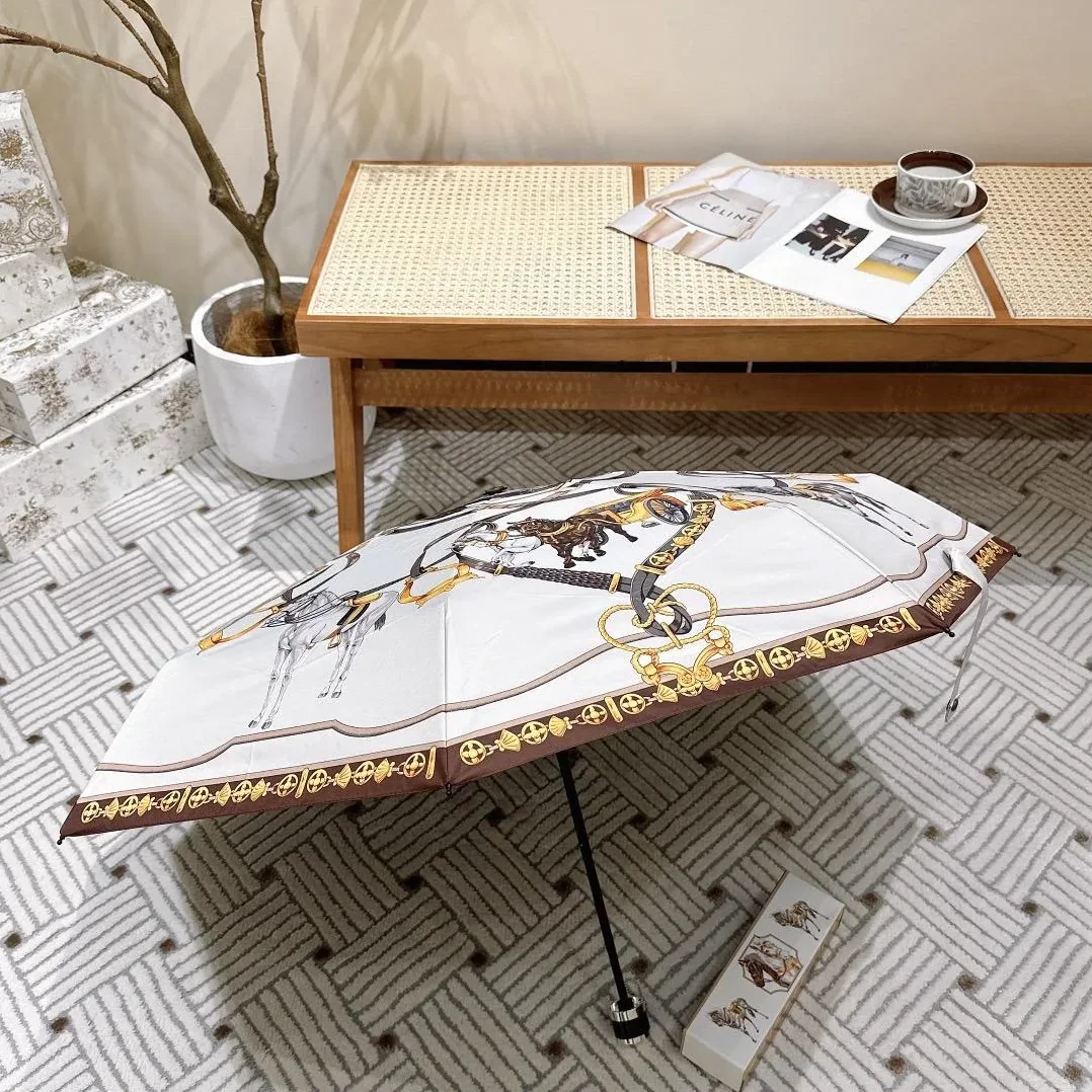 Hermes Long Umbrella With Horse Motif White Hermes Long Umbrella With Horse Motif White