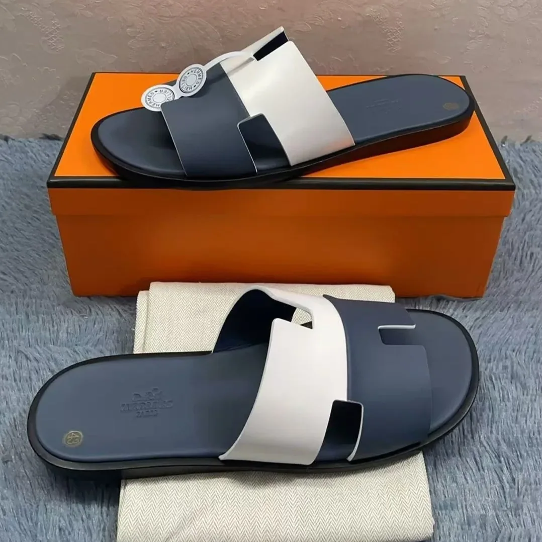 Hermes Izmir Sandals Navy Blue in White Hermes Izmir Sandals Navy Blue in White