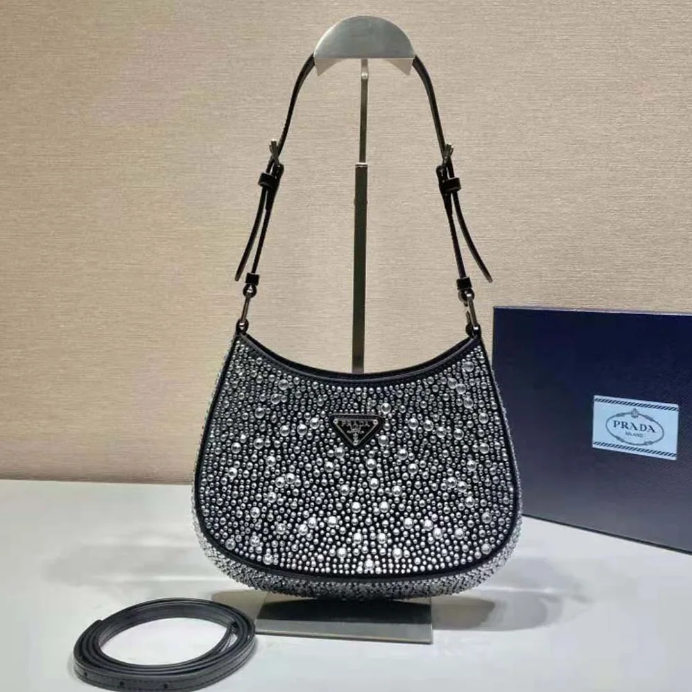 Prada Cleo Satin Bag with Appliques for Women in Black