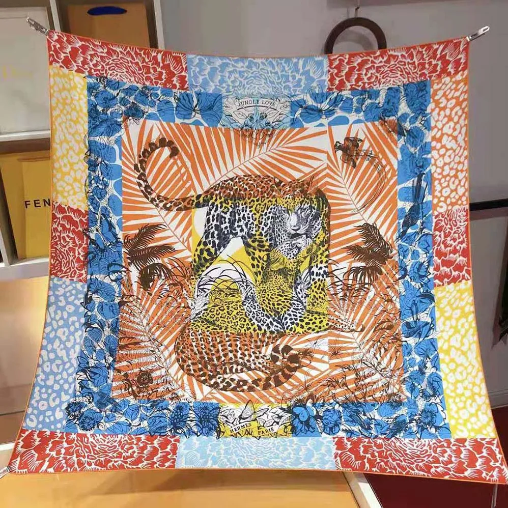Hermes Jungle Love Stamped Scarf 70 in Silk Twill with Hand-Rolled Edges for Women in Orange