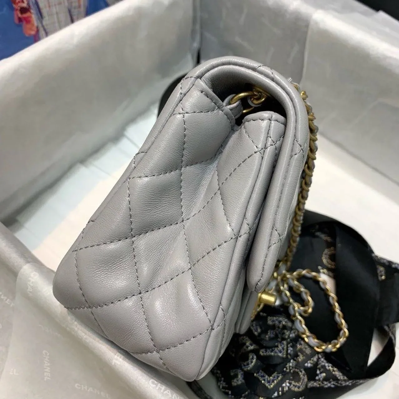 Chanel Classic Flap Bag With Charm Chain Mini Crossbody in Grey Gold Hardware