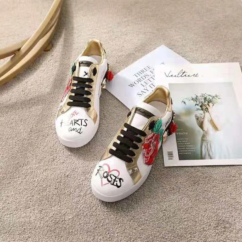 Dolce Gabbana D&G Sneakers in Printed Nappa Calfskin with Applications for Women in White