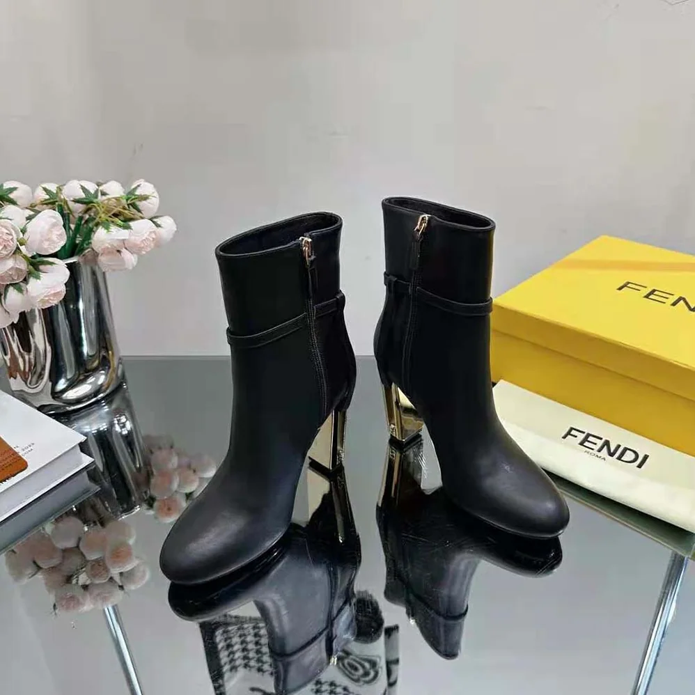 Fendi Delfina Black Leather High for Women in heeled Ankle Boots Fendi Delfina Black Leather High for Women in heeled Ankle Boots