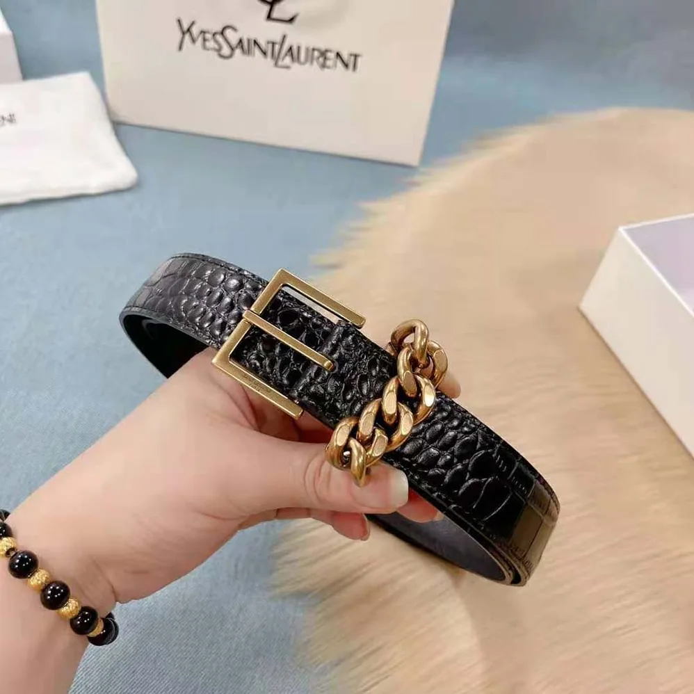 Saint Laurent YSL Chain-loop Narrow Belt with Square Buckle in Lacquered Python for Women