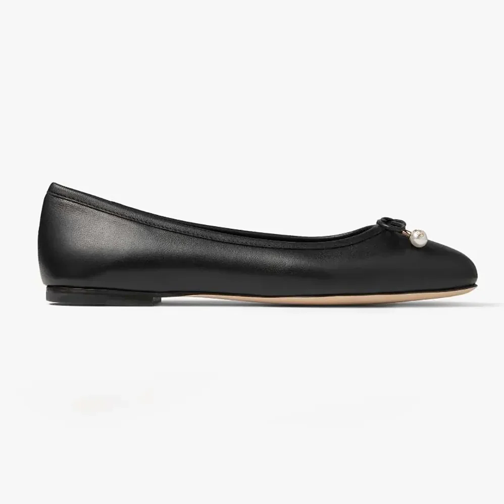 Jimmy Choo Elme Flat Black Nappa Leather Flats with Pearl Embellishment for Women Jimmy Choo Elme Flat Black Nappa Leather Flats with Pearl Embellishment for Women