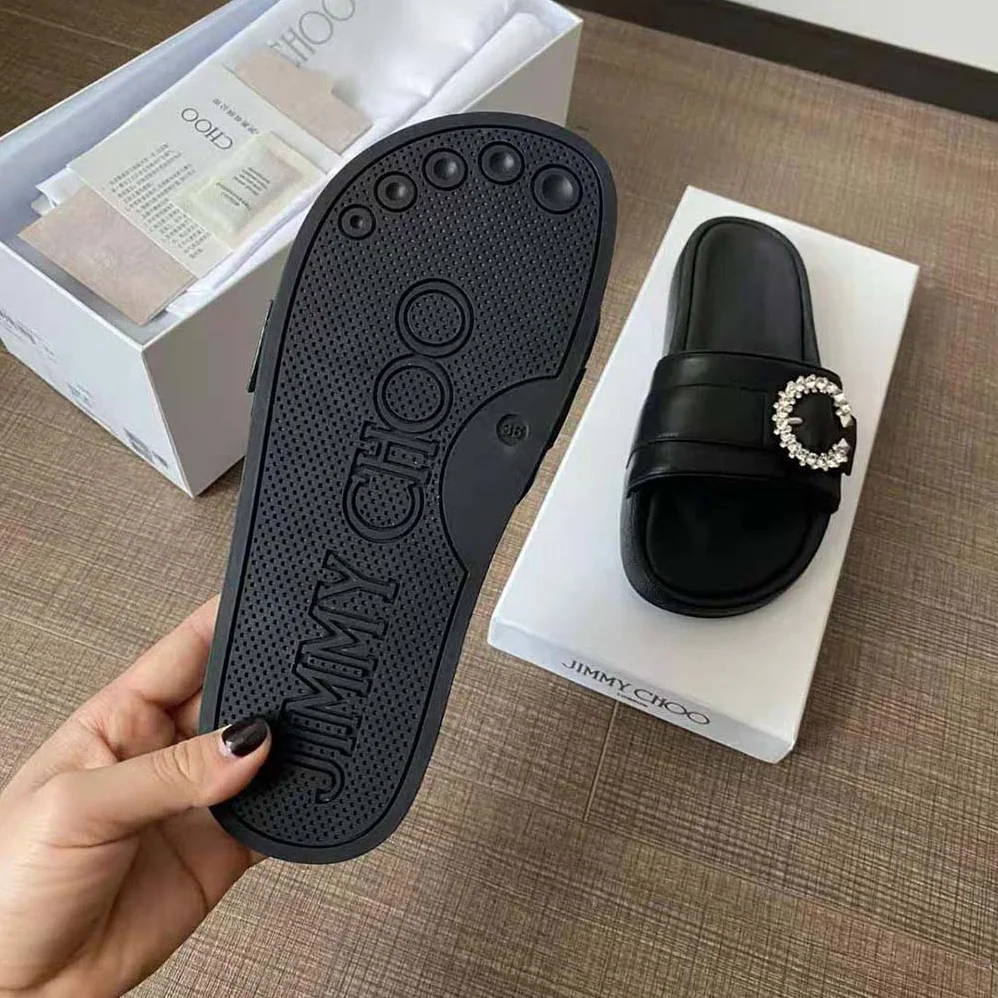 Jimmy Choo Fallon Black Nappa Leather Slides with Crystal Buckle for Women