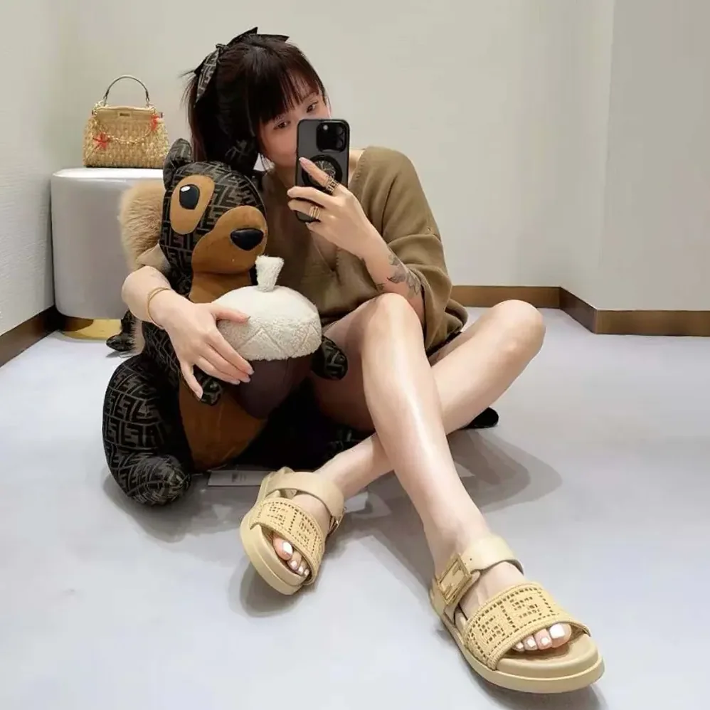 Fendi Feel Mesh Slides with Raffia FF Embroidery for Women