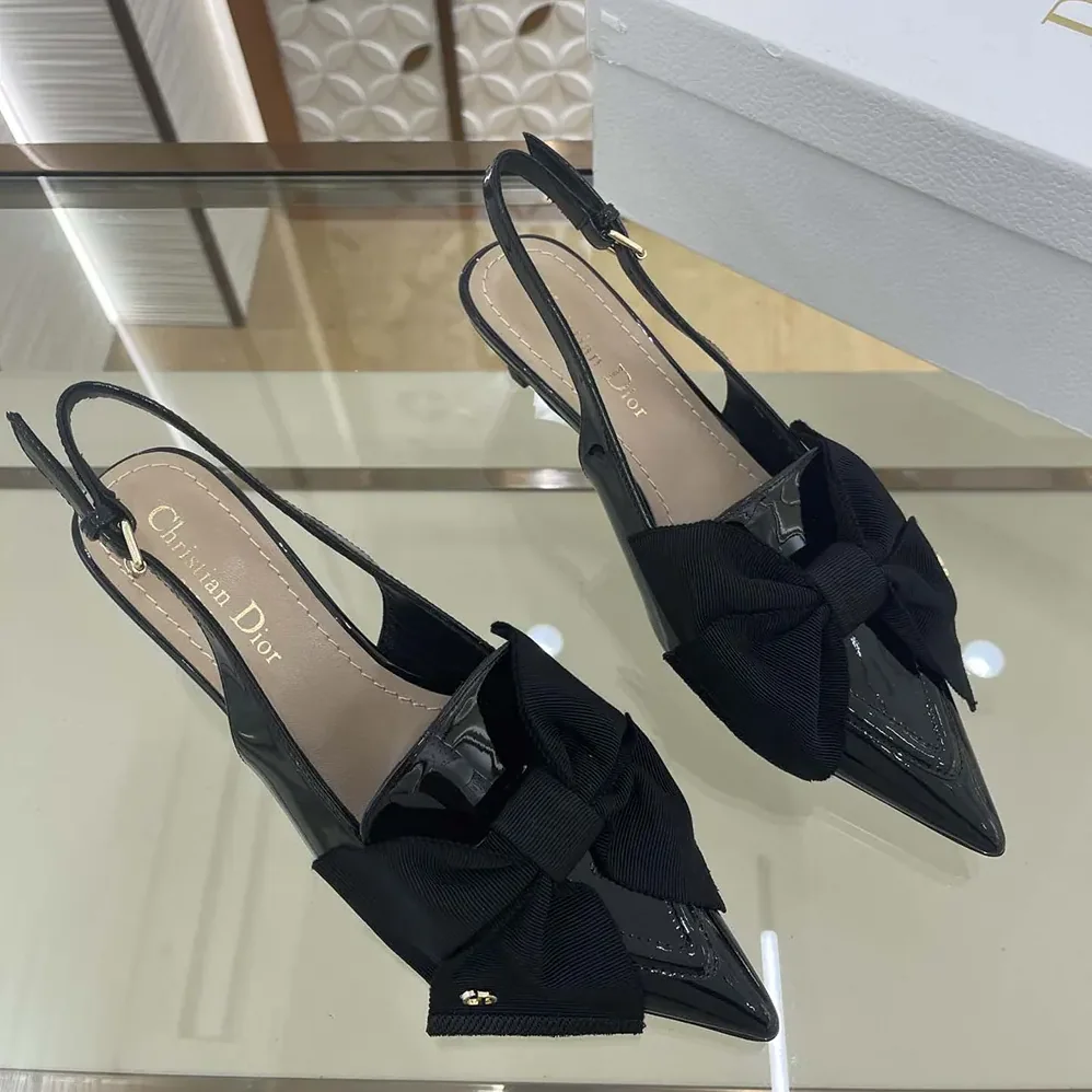 Dior Diorissimo Slingback Pump Black Patent Calfskin and Grosgrain for Women