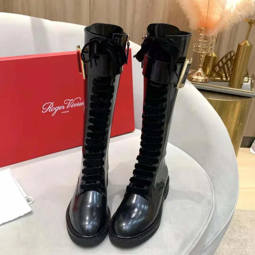 Roger Vivier Rangers Lace Up Metal Buckle Boots in Leather for Women