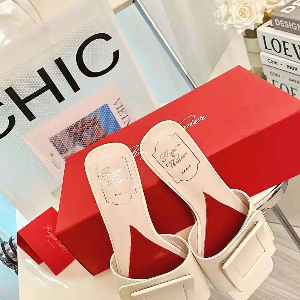 Roger Vivier Covered Buckle Mules in Patent Leather for Women in White Roger Vivier Covered Buckle Mules in Patent Leather for Women in White
