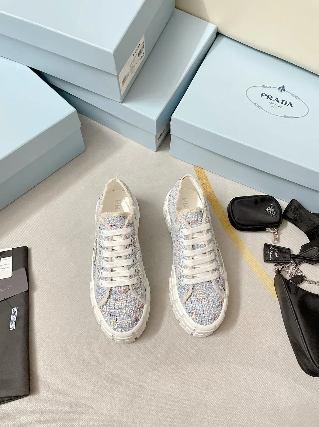 Prada Double Wheel Gabardine Sneakers Light Blue in PRD
