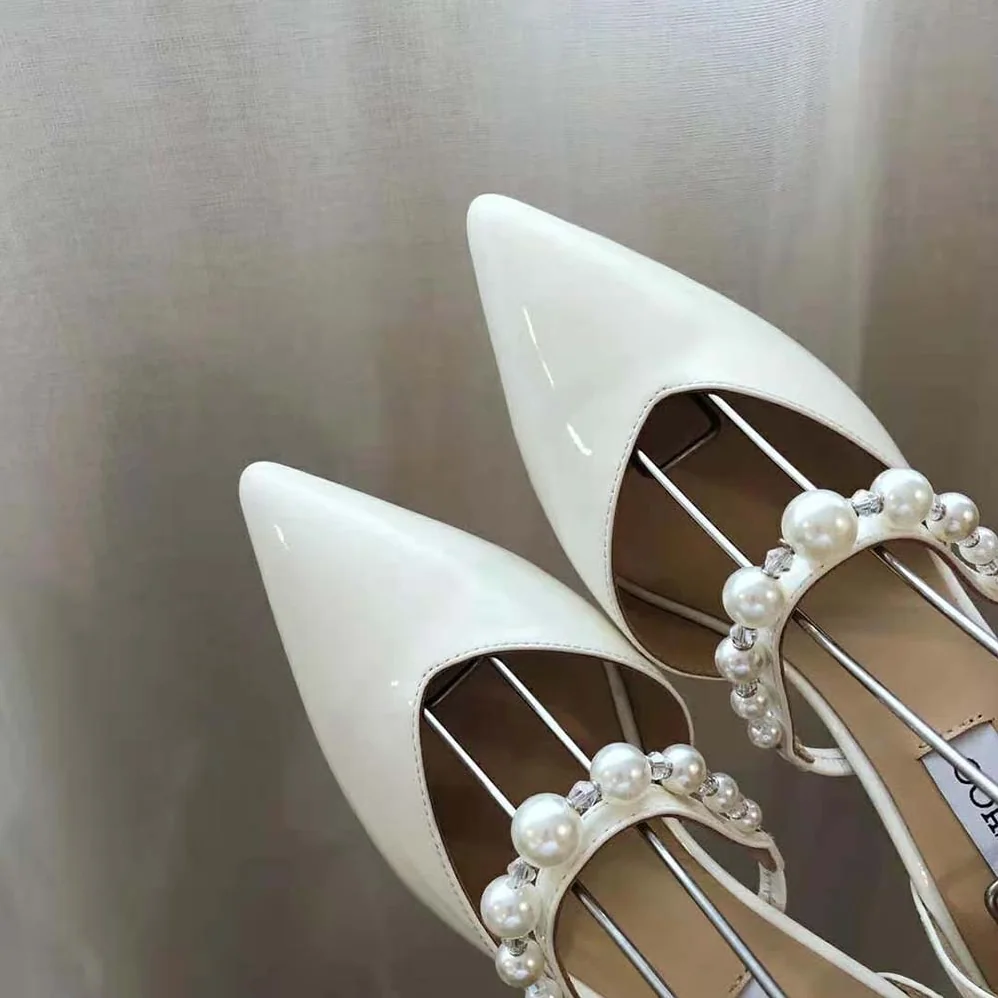 Jimmy Choo Aurelie 85 Latte Patent Leather Pointed Pumps with Pearl Embellishment for Women Jimmy Choo Aurelie 85 Latte Patent Leather Pointed Pumps with Pearl Embellishment for Women