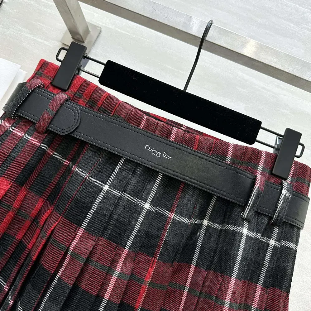 Dior Belted Short Kilt Red Gray and Black Check'n'Dior Virgin Wool for Women