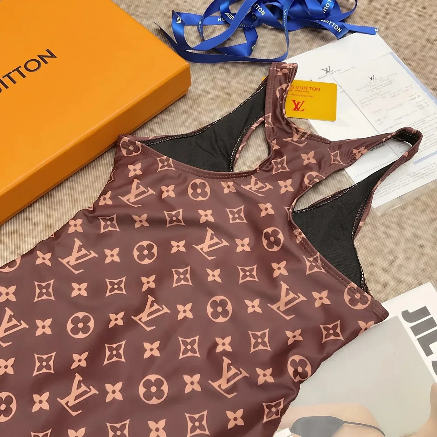 Louis Vuitton Front-Zip Racerback One in Piece Swimsuit Brown Monogram Louis Vuitton Front-Zip Racerback One in Piece Swimsuit Brown Monogram