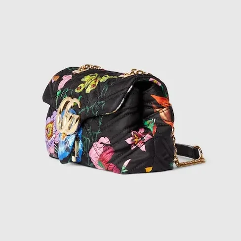 Gucci Marmont Mini Shoulder Bag / Black in Multicolor Flora Gold Hardware