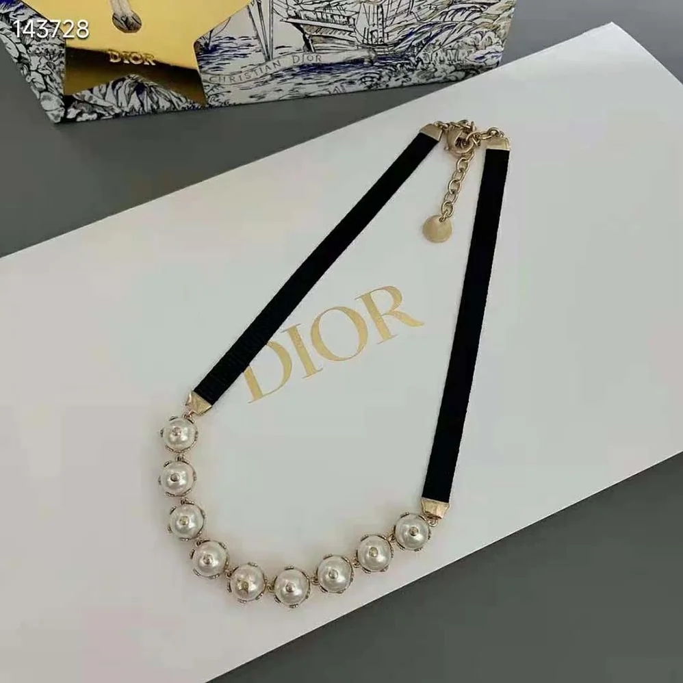 Dior D-Renaissance Choker Gold-Finish Metal with Black Grosgrain and White Resin Pearls for Women Dior D-Renaissance Choker Gold-Finish Metal with Black Grosgrain and White Resin Pearls for Women