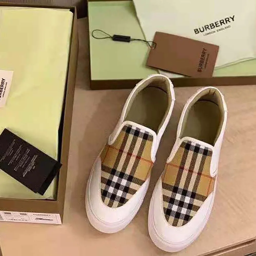 Burberry Leather and Vintage Check Slip-on Sneakers for Women in White Burberry Leather and Vintage Check Slip-on Sneakers for Women in White